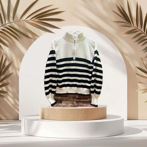 J Crew Pearl pull 1/4 zip horizontal stripe Sweater size M - Picture 1 of 10